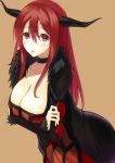  1girl blush breasts brown_background choker cleavage dress highres horns huge_breasts kauto long_hair looking_at_viewer maou_(maoyuu) maoyuu_maou_yuusha red_dress red_eyes red_hair redhead simple_background solo 