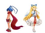  1boy 1girl angel_wings antenna_hair artist_request back-to-back blonde_hair blue_hair bosutafu bracelet capelet closed_eyes disgaea dress eyes_closed flonne hair_ribbon jewelry laharl long_hair praying ribbon scarf shirtless shorts white_dress wings 