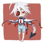  1girl ahoge arin66 barefoot blade blazblue bodysuit braid cape chibi crotch_plate eyepatch huge_ahoge long_hair nu-13 red_eyes silver_hair single_braid solo very_long_hair white_hair 