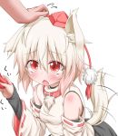  1girl animal_ears bare_shoulders blush collar detached_sleeves fang hand_on_head hat hat_ribbon inubashiri_momiji oden_(artist) open_mouth petting red_eyes ribbon shirt_tug silver_hair smile tail tail_wagging tokin_hat touhou wolf_ears wolf_tail 