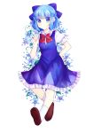  1girl \m/ absurdres blue_eyes blue_hair bow cirno dress flower hair_bow hand_on_hip highres ice ice_wings pirupiruze shoes short_hair smile socks solo touhou wings 