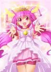  1girl :d bike_shorts blush bow choker cure_happy dress halo head_wings highres hoshizora_miyuki long_hair magical_girl open_mouth outstretched_hand pink_eyes pink_hair precure princess_form_(smile_precure!) shin&#039;en_(gyokuro_company) shin'en_(gyokuro_company) shorts_under_skirt skirt smile smile_precure! solo tiara twintails 