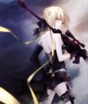  alternate_costume anti-materiel_rifle bare_shoulders blonde_hair braid corset dagger fate/stay_night fate_(series) fingerless_gloves french_braid from_behind gloves gun hair_bun hair_ribbon holster looking_back mismatched_gloves no over_shoulder pale_skin pouch ribbon ribbon_choker rifle rynn_(seibu) saber saber_alter scope short_shorts shorts silenri single_elbow_glove single_glove sniper_rifle solo thigh_holster weapon weapon_over_shoulder what_if yellow_eyes 