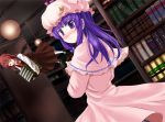  2girls a_(aaaaaaaaaaw) back blush book bookshelf bow candle capelet crescent dress flying hair_bow hat head_wings koakuma library long_hair multiple_girls necktie open_mouth patchouli_knowledge purple_eyes purple_hair red_hair redhead ribbon skirt touhou vest violet_eyes voile wings 