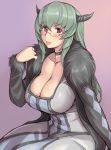  1girl :p adult alternate_color arm_support bespectacled blush breasts choker cleavage cosplay demon_girl dress fur_trim glasses horns large_breasts long_hair looking_at_viewer maou_(maoyuu) maou_(maoyuu)_(cosplay) maoyuu_maou_yuusha red_eyes rozen_maiden rozenweapon silver_hair simple_background sitting solo suigintou tongue tongue_out 