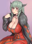  :p adult arm_support blush breasts choker cleavage cosplay demon_girl dress fur_trim grey_hair horns large_breasts long_hair looking_at_viewer maou_(maoyuu) maou_(maoyuu)_(cosplay) maoyuu_maou_yuusha red_eyes rozen_maiden rozenweapon silver_hair simple_background sitting solo suigintou tongue tongue_out 