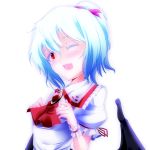  1girl ;d bat_wings blue_hair blush brooch bust colored_eyelashes hands_on_own_chest jewelry open_mouth ponytail red_eyes remilia_scarlet ribbon santa_(kaisou_hikuutei) short_hair smile solo touhou wings wink 