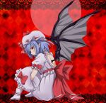 1girl backless bat_wings boots border checkered checkered_background dress frown hat hat_ribbon highres knees_up lace lavender_hair leg_hug mob_cap pointy_ears puffy_sleeves red_background red_eyes remilia_scarlet ribbon short_hair short_sleeves sitting solo touhou u-zone wings 