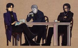  3boys araya_souren b-suke black_hair chair character_request closed_eyes company_connection cover cover_page cross cross_necklace crossed_arms crossed_legs cup earbuds earphones eyes_closed fate/stay_night fate/zero fate_(series) green_tea grey_hair kara_no_kyoukai kotomine_kirei legs_crossed multiple_boys nakata_jouji nrvnqsr_chaos pale_skin priest reading seiyuu_connection sitting table teacup tsukihime type-moon 