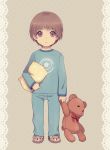  1boy brown_eyes brown_hair male mi_(trtr_ptpt) original pajamas pillow short_hair slippers stuffed_animal stuffed_toy teddy_bear 