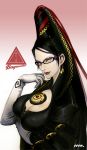  bayonetta_(character) black_hair blue_eyes breast_hold breasts cleavage_cutout earrings elbow_gloves erect_nipples eyeshadow glasses gloves jewelry large_breasts lips lipstick long_hair mhk_(mechamania) mhk_(pixiv) mole smile solo very_long_hair 