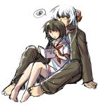  black_hair book contemporary dual_persona feet fujiwara_no_mokou fujiwara_no_mokou_(young) hair_ribbon holding korean legs reading red_eyes rex_k ribbon school_uniform serafuku short_hair simple_background sitting sketch time_paradox toes touhou white_hair young 