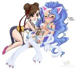  blue_hair blush breasts brown_hair capcom catgirl chinadress chun-li darkstalkers felicia long_hair short_hair street_fighter 