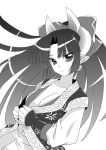  cleavage earrings fuyou_(shinrabanshou) hair_ribbon hikabe_sakuho horns jewelry large_breasts long_hair monochrome pointy_ears ribbon shinrabansho shinrabanshou smile solo undressing 