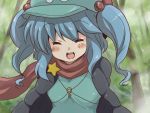  aoi_tobira arms_behind_back blue_hair blush blush_stickers closed_eyes forest happy hat kawashiro_nitori laughing nature open_mouth scarf short_hair smile solo star touhou 