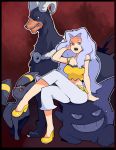  breasts crossed_legs gengar houndoom karin_(pokemon) large_breasts long_hair pokemon pokemon_(game) pokemon_gsc silver_hair sitting strap_slip tamagoro umbreon 