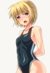  blonde_hair blue_eyes competition_swimsuit latex okina_sai okina_sen one-piece_swimsuit open_mouth short_hair simple_background swimsuit 