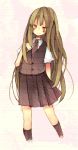  green_hair himehi long_hair orange_eyes original school_uniform skirt smile socks solo 