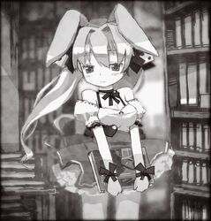  bare_shoulders book breasts bunny_ears choker cleavage detached_sleeves di_gi_charat dice dress hair_ornament hair_ribbon heart library long_hair monochrome rabbit_ears ribbon skirt usada_hikaru wristband zakone 