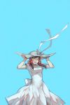 bad_id blue brown_hair closed_eyes dress hair_ribbon hand_on_hat hat long_hair open_mouth popompon ribbon seychelles_(hetalia) smile solo twintails wind windy 