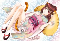  bad_id bell brown_hair frills gathers japanese_clothes kimono kimono_skirt legs little_busters!! long_hair misumi_kouji misumikouji natsume_rin red_eyes ruffles sandals socks solo tabi tail tiger_ears tiger_tail 