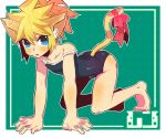  all_fours blonde_hair blue_eyes cat_ears cat_tail catboy crossdressing fujitsuna kagamine_len male ribbon short_hair shota swimsuit tail vocaloid 