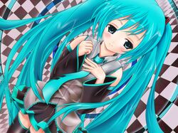  aqua_eyes aqua_hair blush detached_sleeves hatsune_miku long_hair necktie nironiro skirt solo thigh-highs thighhighs twintails very_long_hair vocaloid zettai_ryouiki 