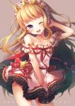  1girl :d bangs bare_shoulders blonde_hair blunt_bangs bow cagliostro_(granblue_fantasy) capelet collarbone cowboy_shot dress flat_chest granblue_fantasy hairband hand_behind_head long_hair looking_at_viewer off-shoulder_dress off_shoulder open_mouth red_bow red_ribbon ribbon ribbon_trim round_teeth short_dress simple_background smile solo spiked_hairband taishou_tanaka teeth violet_eyes white_dress 