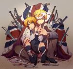  america_(hetalia) axis_powers_hetalia bad_id bandage bandages blonde_hair blood blue_eyes flag green_eyes multiple_boys sword tears tomako tomako_(artist) united_kingdom_(hetalia) weapon young 