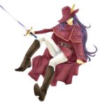  androgynous arm_support belt boots cape faris_scherwiz feathers final_fantasy final_fantasy_v hat hat_over_one_eye long_hair non_(nonbiriya_mini) nontohayate pants purple_hair red_mage reverse_trap sitting smile solo sword tomboy weapon 