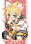  animal_ears aqua_eyes blonde_hair blush cat_ears cat_tail detached_sleeves headphones jpeg_artifacts kagamine_len licking male musical_note necktie short_hair shorts solo tail tongue vocaloid 