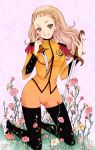  blonde_hair braid dagger dual_wielding epaulettes flower grin jewelry katou_sami kiryuu_nanami kneeling long_hair pantyhose purple_eyes ring rose shoes shorts shoujo_kakumei_utena smile solo sword thighhighs uniform violet_eyes weapon yellow_rose 