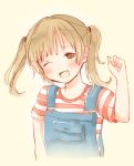  1girl brown_hair child fang open_mouth original overalls solo striped twintails wink yoshioka_mitsuko 