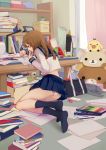  book book_stack brown_eyes brown_hair chm legs lips long_hair notebook oekaki_musume original panties pantyshot pen pocky school_uniform scissors serafuku socks solo stuffed_animal stuffed_toy tissue_box underwear 