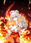  fire fujiwara_no_mokou hair_bow hair_ribbon highres long_hair popri poprication red_eyes ribbon silver_hair suspenders touhou 