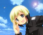  blonde_hair erica_hartmann lens_flare multicolored_hair sky strike_witches ufo umekichi uniform 