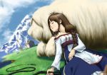   arc_the_lad arc_the_lad_ii bare_shoulders brown_hair cojibou dog closed_eyes female grass house lieza long_hair lying mountain sleeping whip  