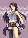  belt blue_eyes blush breasts brown_hair cleavage female final_fantasy final_fantasy_viii genderswap gloves jacket jewelry long_hair midriff navel necklace scar shorts solo squall_leonhart thighhighs 