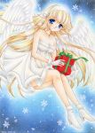  bad_id blonde_hair blue_eyes blush cross dress gift gloves hairband holding holding_gift jewelry long_hair necklace original solo traditional_media white_gloves wings yukiou 