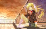  blue_eyes bow can chainlink_fence fence hair_ornament hair_ribbon holster little_busters!! long_hair ribbon rooftop satou_takeshi school_uniform sitting skirt solo thigh_holster thigh_strap tokido_saya wallpaper 