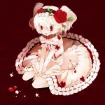  :d dress flat_chest flower hairband kneeling mizushirazu open_mouth original red_eyes short_hair smile solo twintails 