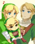  blonde_hair blue_eyes earrings gloves hat hug jewelry link lowres male multiple_persona muse_(rainforest) musical_note nintendo pointy_ears super_smash_bros. the_legend_of_zelda toon_link triple_persona 