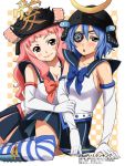  blue_hair blush breasts cleavage elbow_gloves embarrassed eyepatch gloves helmet kabuto long_hair mole naughty_face onegai!_ranking onegai_blue onegai_pink pink_eyes pink_hair rutarou samurai_helmet short_hair sitting skirt striped striped_legwear striped_thighhighs thigh-highs thighhighs 