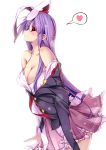  bare_shoulders blazer breasts bunny_ears caidychen cleavage heart long_hair necktie no_bra pleated_skirt purple_hair rabbit_ears red_eyes reisen_udongein_inaba sakura_sora simple_background skirt solo touhou undressing 