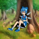  bespectacled blue_hair book cirno forest glasses grass nature outdoors outside reading ribbon short_hair touhou tree wings 