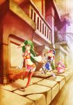  akai_kagerou end_of_the_world feena grandia grandia_i green_hair hand_holding hat holding_hands justin long_hair looking_back open_mouth smile street sue walking 