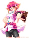  1girl artist_name belt bike_shorts blush breasts card female foreshortening hair_ornament hairclip hand_on_hip holding holding_card kouzuki_anna multicolored_hair open_mouth orange_eyes pink_hair pouch simple_background solo tokinon two-tone_hair white_background yellow_eyes yu-gi-oh! yuu-gi-ou yuu-gi-ou_zexal zipper 