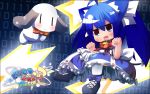  1b 1girl ahoge bad_id bell black_eyes blue_hair bms_of_fighters bowtie chibi collar dog highres jingle_bell long_hair no_nose number open_mouth paw_pose solo star title_drop translated twintails |_| 