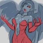  1girl bare_shoulders dragon_quest dragon_quest_ix dress earrings elbow_gloves fangs female gesture_request gloves hair_over_one_eye jewelry long_hair lowres mahito necklace open_mouth pointy_ears red_eyes solo very_long_hair wings youjo_ishudar 