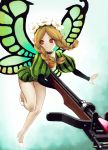  1girl blonde_hair bow_(weapon) braid butterfly_wings crossbow dress fairy flower hair_flower hair_ornament hiro1984 long_hair mercedes odin_sphere pointy_ears puff_and_slash_sleeves solo twin_braids weapon wings 